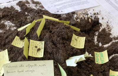 Kasa multaa, johon on ripoteltu lappuja, joille on kirjoitettu tekstiä.