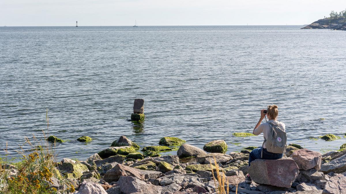 Henkilö istuu kiven päällä kivikkoisella rannalla ja katsoo kiikareilla vedessä olevaa kiviteosta.