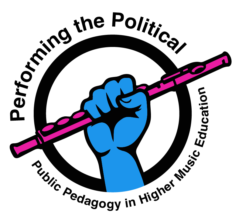 Performing the political project logo with a blue fist holding a pink flute