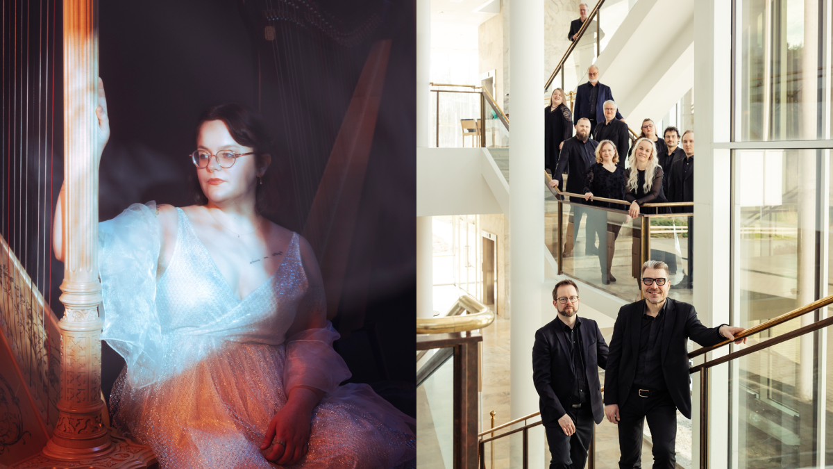 Maaria Pulakka vasemmalla, Mikkelin kaupunginorkesterin muusikoita oikealla