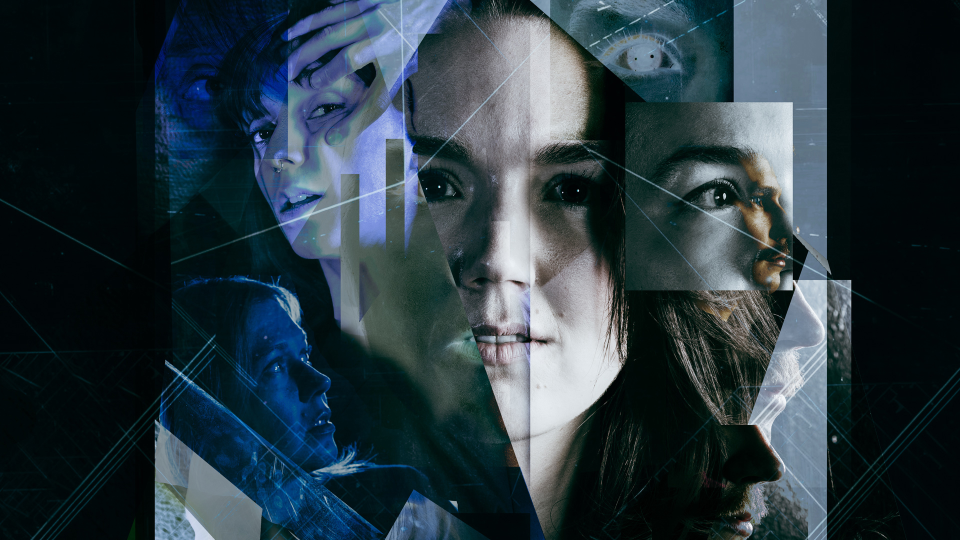 Kuvasssa useita kasvoja, jotka näkyvät rikkoutuneista peilinpaloista.