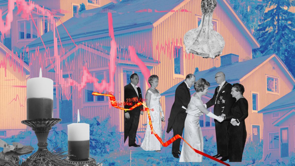 Taustalla värikuvana puisia omakotitaloja, etualalla mustavalkoisena itsenäisyyspäivän vastaanoton kättely ja kaksi itsenäisyyspäiväkynttilää.