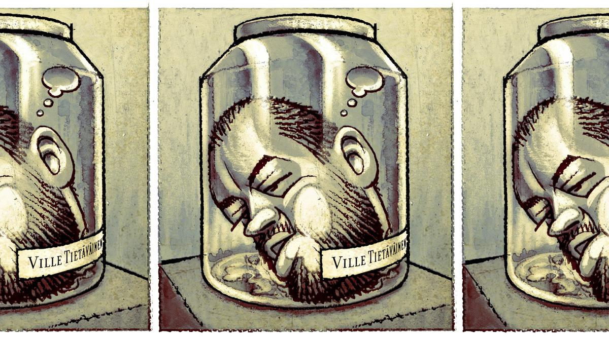 Kuvituksessa on lasipurkki, jonka sisällä on kolumnin kirjoittajan Ville Tietäväisen pää. Kuva toistuu kolmen kuvan sarjana.