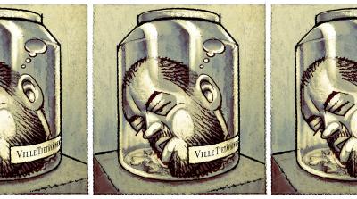 Kuvituksessa on lasipurkki, jonka sisällä on kolumnin kirjoittajan Ville Tietäväisen pää. Kuva toistuu kolmen kuvan sarjana.