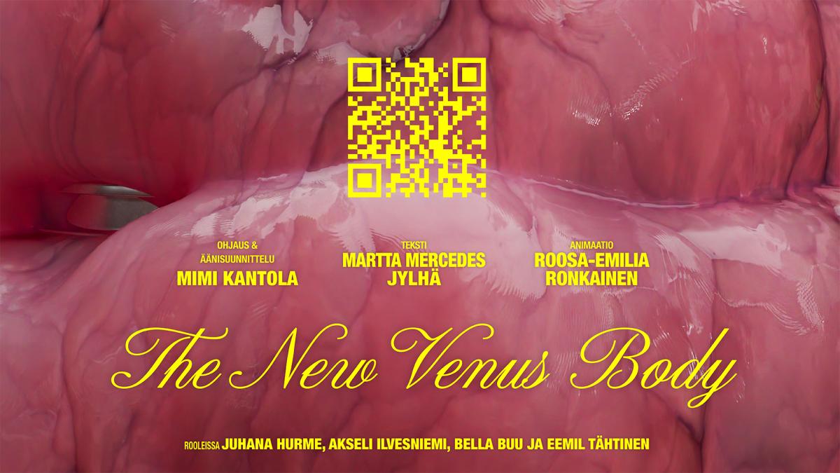 Kuvassa tekstiä, qr-koodi ja punainen tausta.