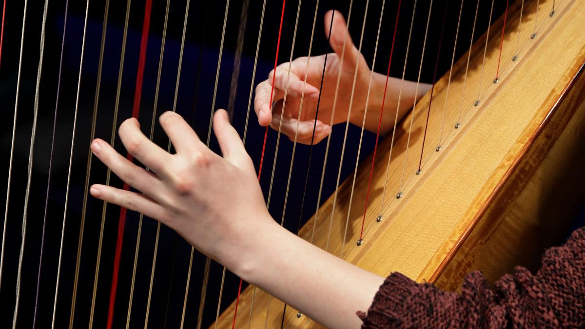 Student playing harp