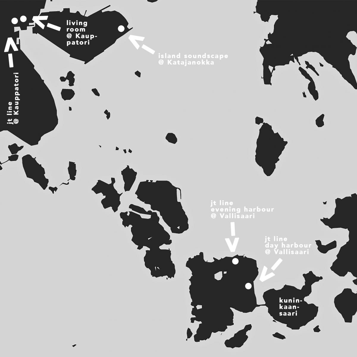 Lapsody festival’s map that shows festival’s locations in the Helsinki Market Square, Katajanokka, on Vallisaari island and on Kuninkaansaari island. The map also points the entrance and exit piers of the ferry to Vallisaari island.