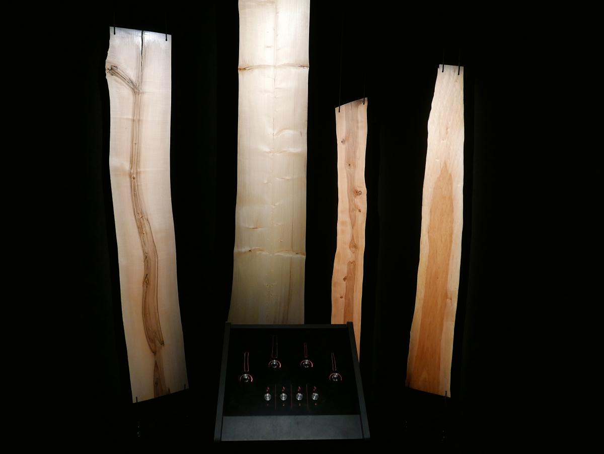 Four wooden panels together create the Wood Orchestra for Heureka exhibition.