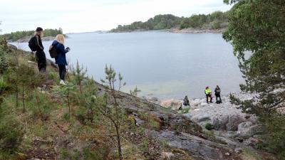 Saari 2020 -projektin henkilöitä katsomassa Kuninkaansaaren maastoa. Taustalla saaren rantaviivaa.