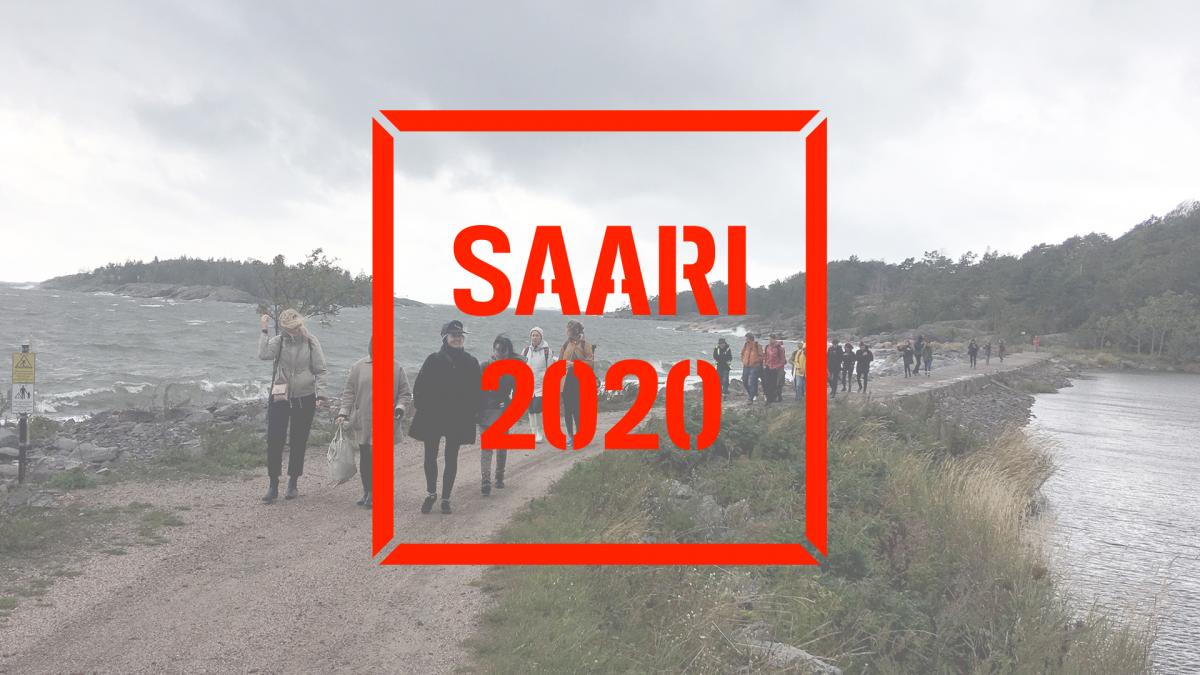 People crossing a neck of land that leads to Kuninkaansaari island. Saari 2020 logo on top of image.