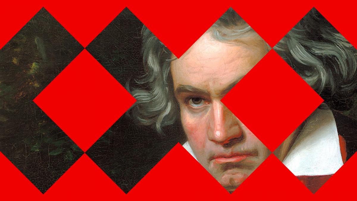 A painting of Beethoven. Graphic elements on top of the picture