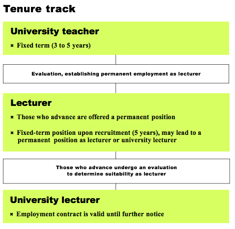 Tenure track
University teacher: fixed term (3 to 5 years) moving to evaluation, establishing permanent employment as lecturer.
Lecturer: Those who advance are offered a permanent position or Fixed-term position upon recruitment (5 years), may lead to a permanent position as lecturer or university lecturer.
Moving to those who advance undergo an evaluation
to determine suitability as lecturer.
University lecturer: Employment contract is valid until further notice.