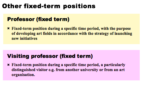 Other fixed-term positions:
Professor:
Fixed-term position during a specific time period, with the purpose of developing art fields in accordance with the strategy of launching new initiatives
Visiting professor (fixed term): Fixed-term position during a specific time period, a particularly; distinguished visitor e.g. from another university or from an organisation.