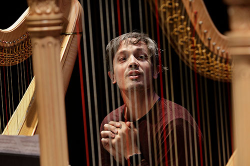 Emmanuel Ceysson pictured between the strings ​​of a harp.