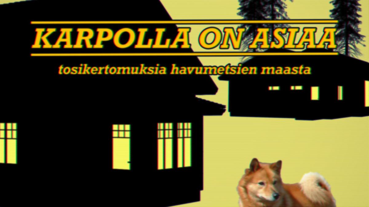 kasi mustaa piirrettyä taloa, keltainen tausta. Edessä pystykorva koira.