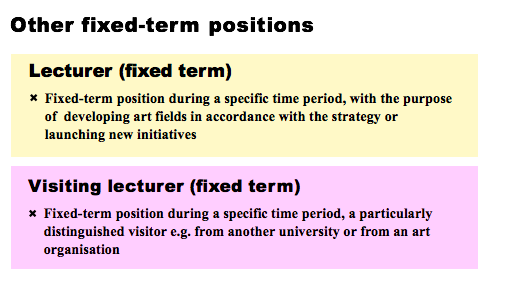 OTHER FIXED-TERM POSITIONS. LECTURER (FIXED TERM): FIXED-TERM POSITION DURING A SPECIFIC TIME PERIOD, WITH THE PURPOSE OF A DEVELOPING ART FIELDS IN ACCORDANCE WITH THE STRATEGY OR LAUNCHING NEW INITIATIVES. VISITING LECTURER (FIXED TERM): FIXED-TERM POSITION DURING A SPECIFIC TIME PERIOD, A PARTICULARLY DISTINGUISHED VISITOR E.G. FROM ANOTHER UNIVERSITY OR FROM AN ART ORGANISATION.