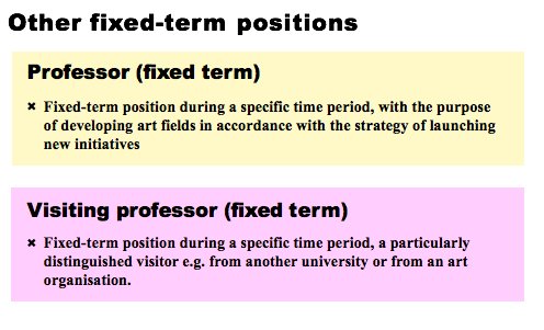 Other fixed-term positions.
Professor (fixed term): fixed-term position during a specific time period, the the purpose of developing art fields in accordance with the strategy of launching new initiatives. 
Visiting professor (fixed term): fixed-term position during a specific time period, a particularly distinguished visitor e.g. from another university or from an art organisation.