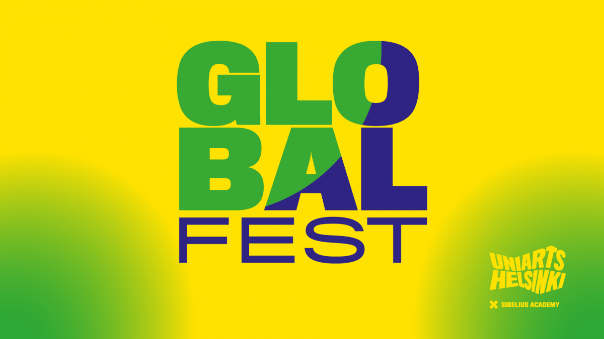 Global fest logo. Keltavihreällä taustalla lukee Global fest sinivihrein kirjaimin.