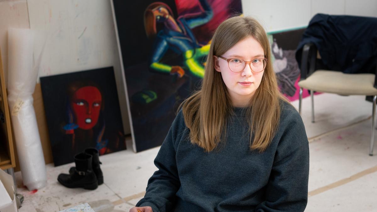 Art student at her studio