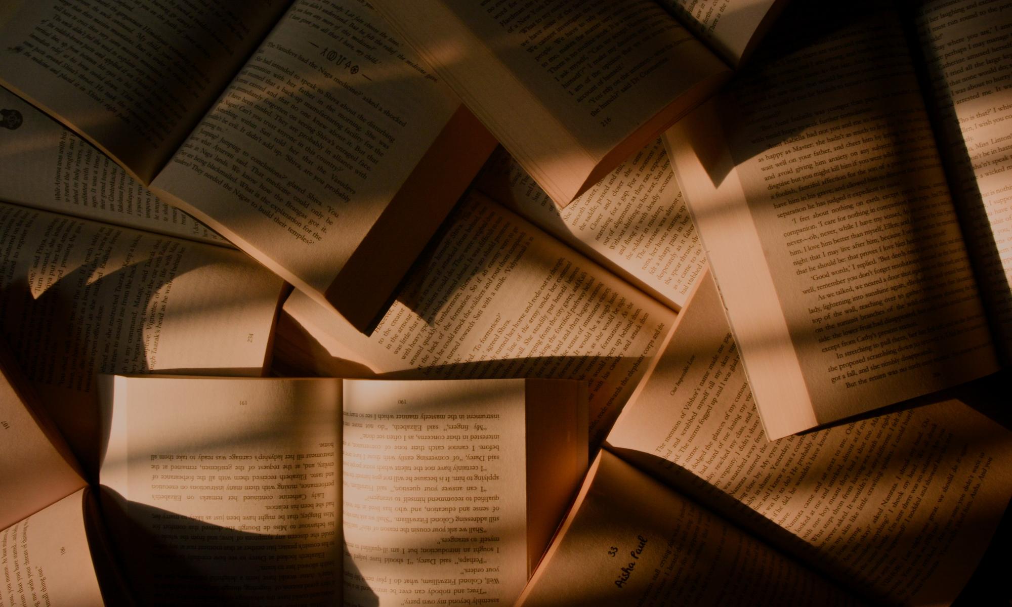 Open books scattered across a wooden base. Filtered light descends on them.