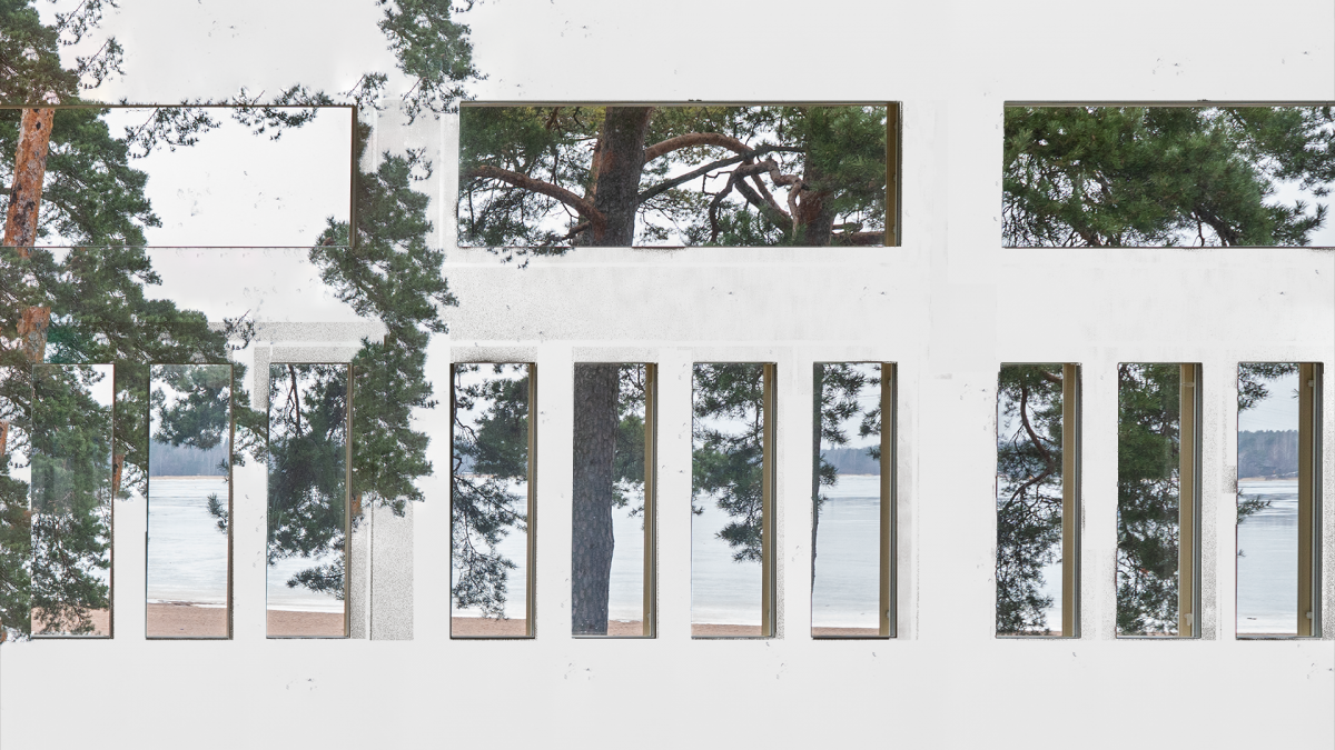 A modified photo of the Research Pavilion from inside out. The beach and some pine trees are visible through the window.
