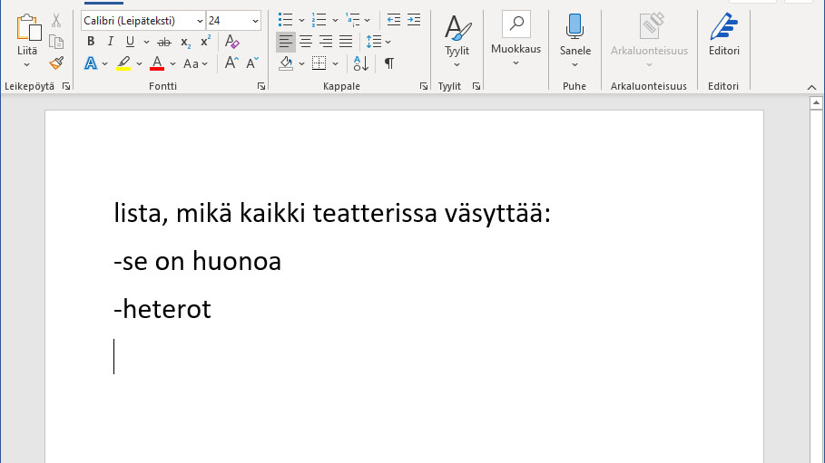 Kuvakaappaus wordistä, kolme riviä tekstiä.