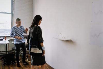 Artist Anssi Pulkkinen at in his studio at ISCP in 2022.