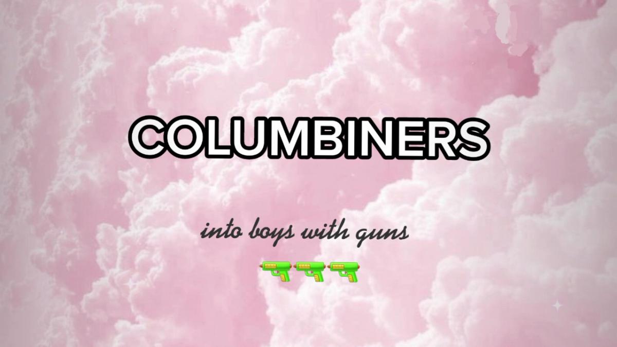 Valkoisia pilviä vaaleanpunaisessa valossa ja teksti columbiners into boys with guns
