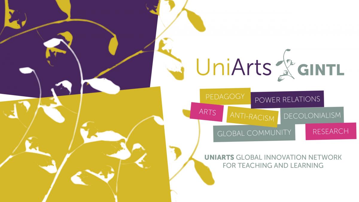Uniarts GINTL project logo with the words: pedagogy, power relations, arts, anti-racism, decolonialism, global community, research