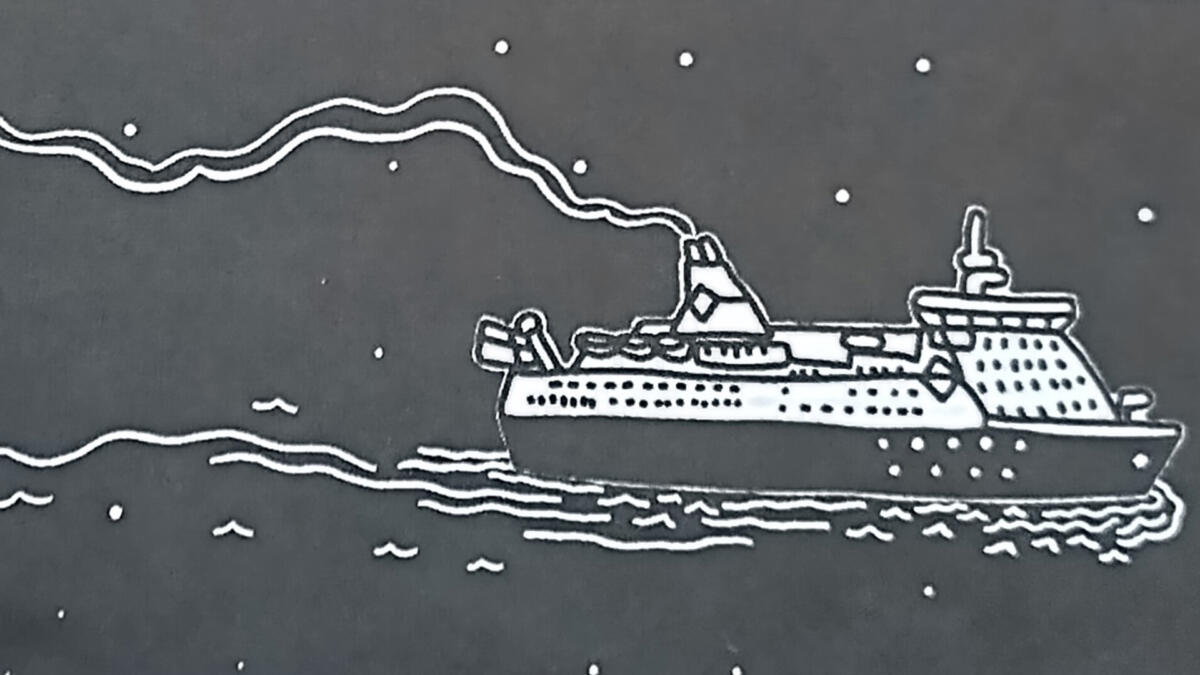 Piirroskuva, jossa matkustajalaiva seilaa.