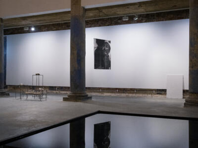 A photograph of an art installation in a large gallery space. In the center of the image is a large black and white print hanging from the ceiling depicting two children embracing. On the left is a display of sculpted hands. On the right, a white panel leans against the wall, embossed in white text that reads “One way to look at [it] is to see it as a matter of constructing a person. You have the raw materials, but you have to build the person”. In the foreground is a shallow pool of water that reflects the installation.