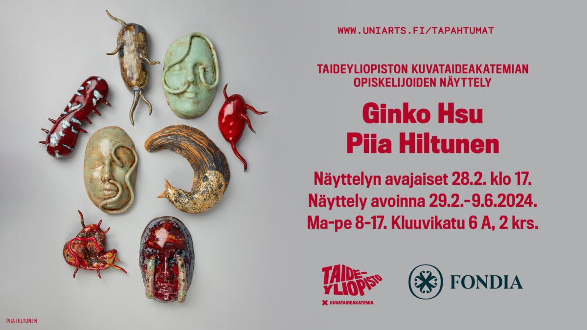 Small ceramic sculptures that represent insects and human faces.