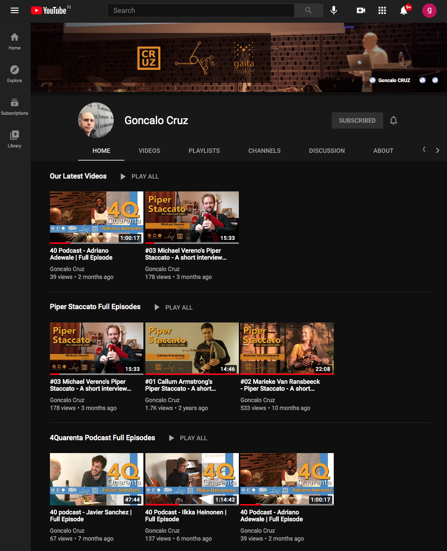 A screenshot of Gonçalo Cruz's YouTube channel.