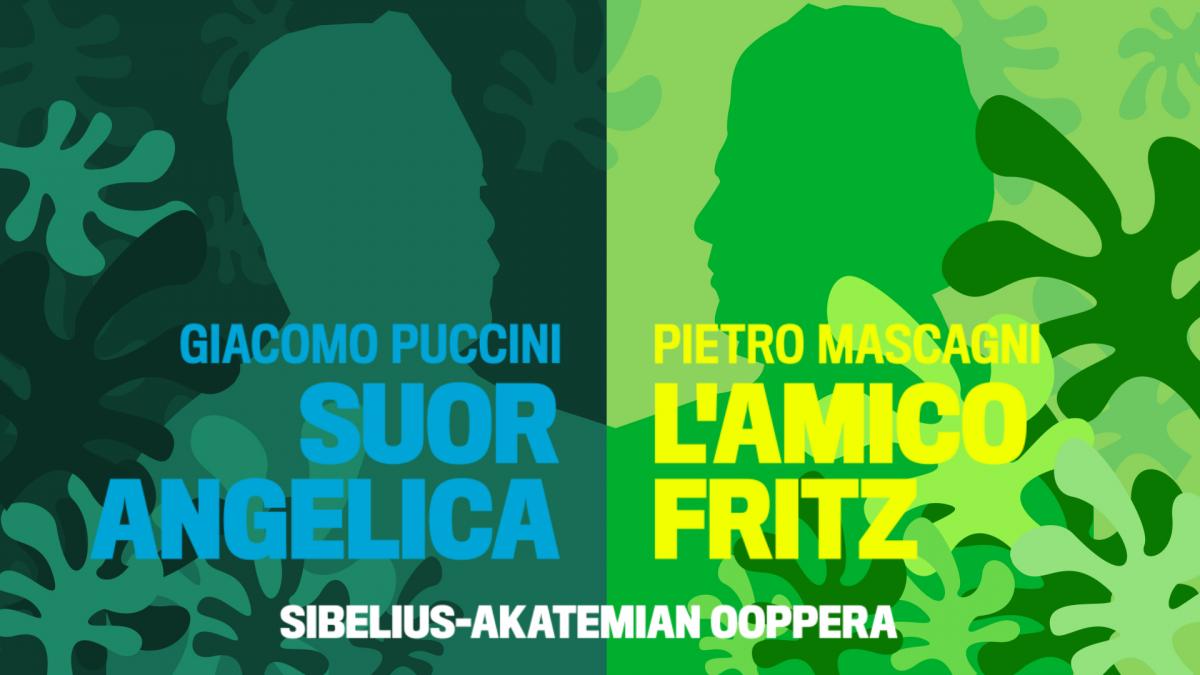 Puccinin ja Mascagnin silhuetit vihreällä taustalla