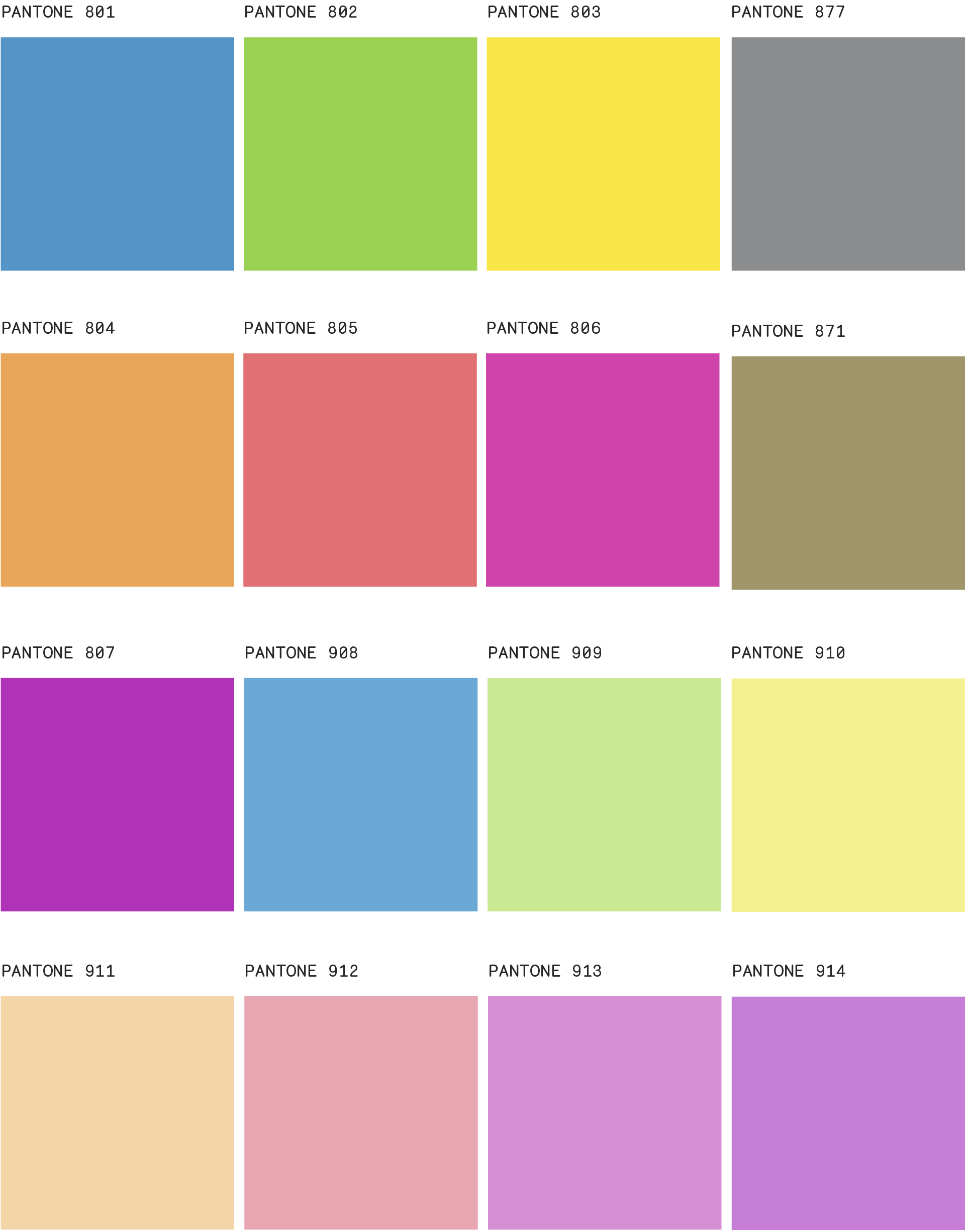Kuvassa erivärisiä neliötä ja värien tekniset koodit.